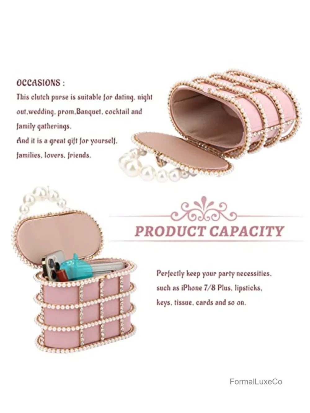 Metal Crystal Pearl Evening Clutch Bucket Bag Wedding Prom Party